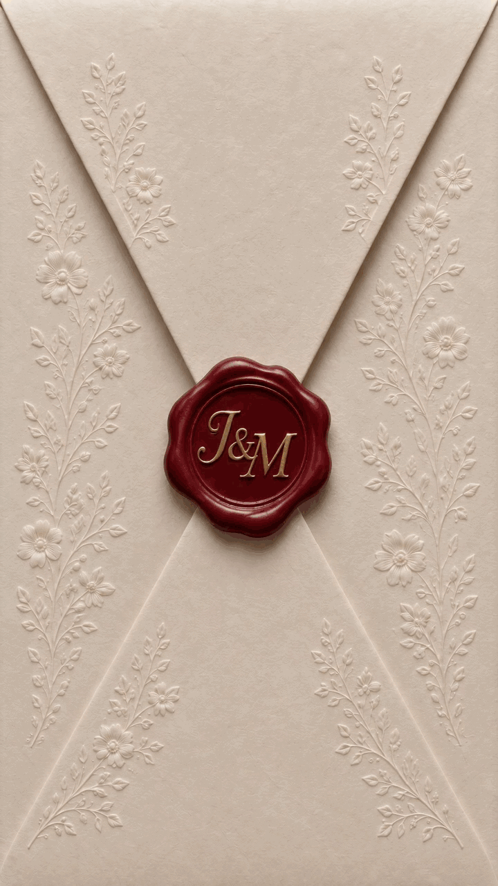 An embossed wedding envelope opening to reveal an invitation